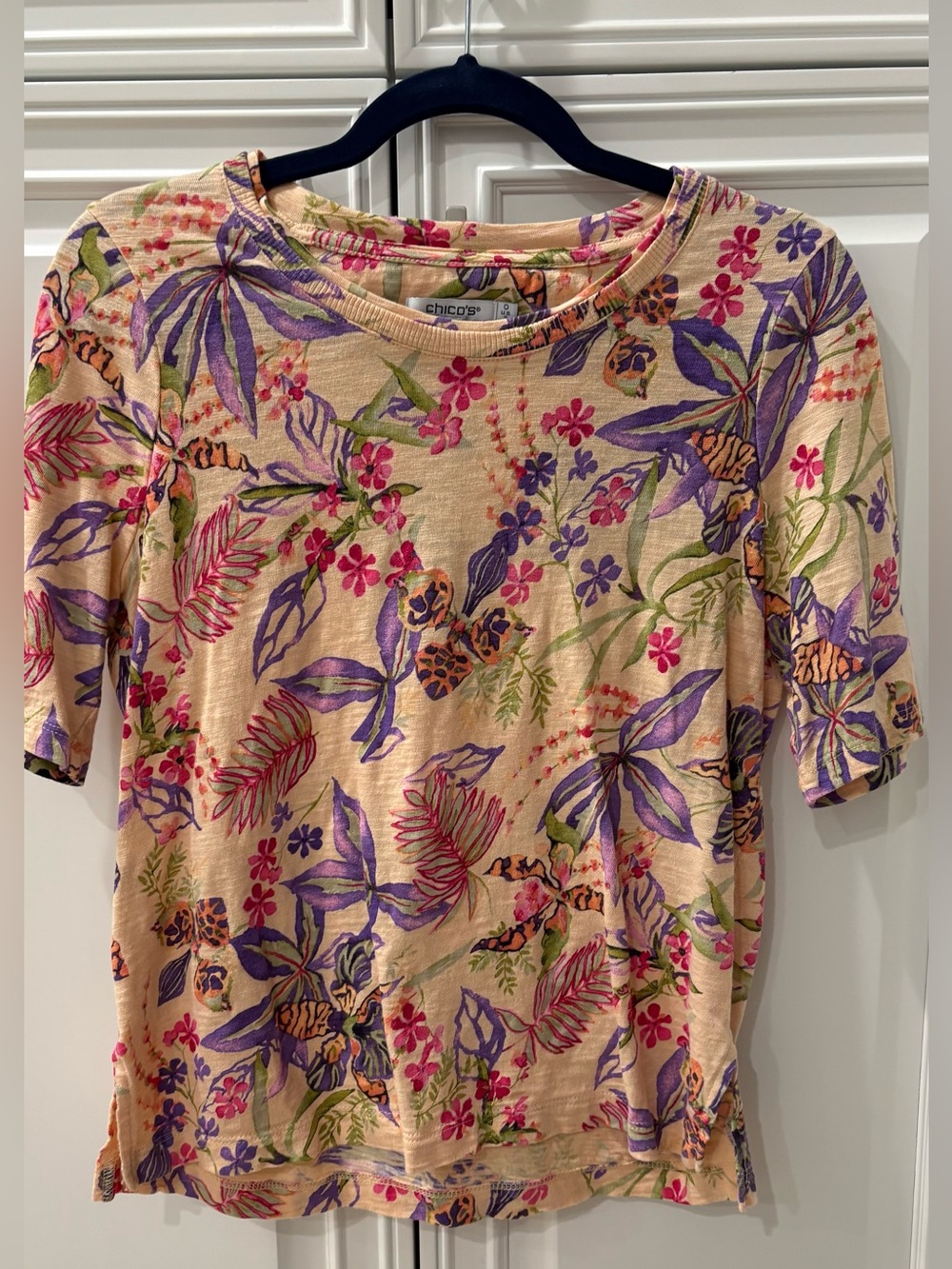 Chico's Beige Short Sleeve Top with Purple and Pink Floral Print
